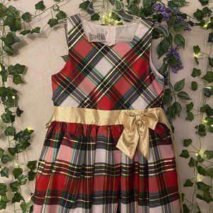 Girls Christmas Dress Gold Ribbon Plaid